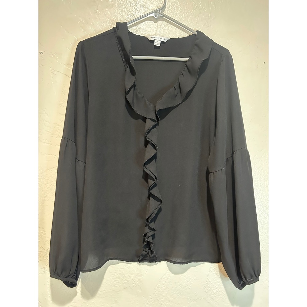 Counterparts Womens Black Ruffle Front V-Neck Lantern Sleeve Blouse Size L